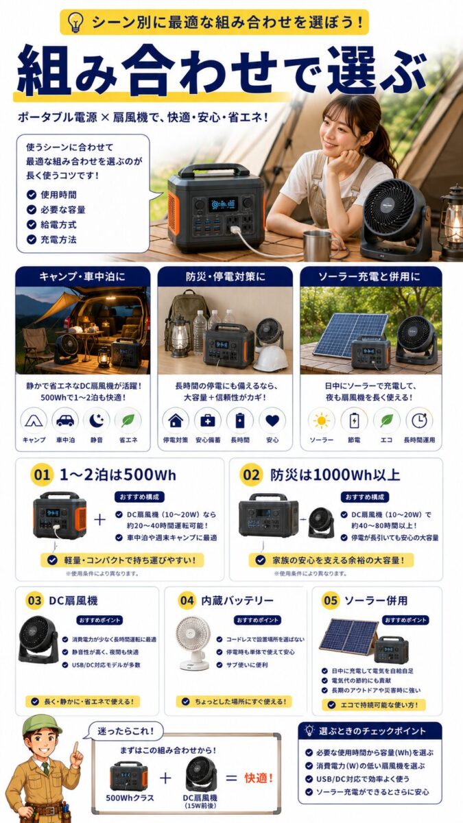 用途別におすすめのポータブル電源と扇風機の組み合わせを示す画像