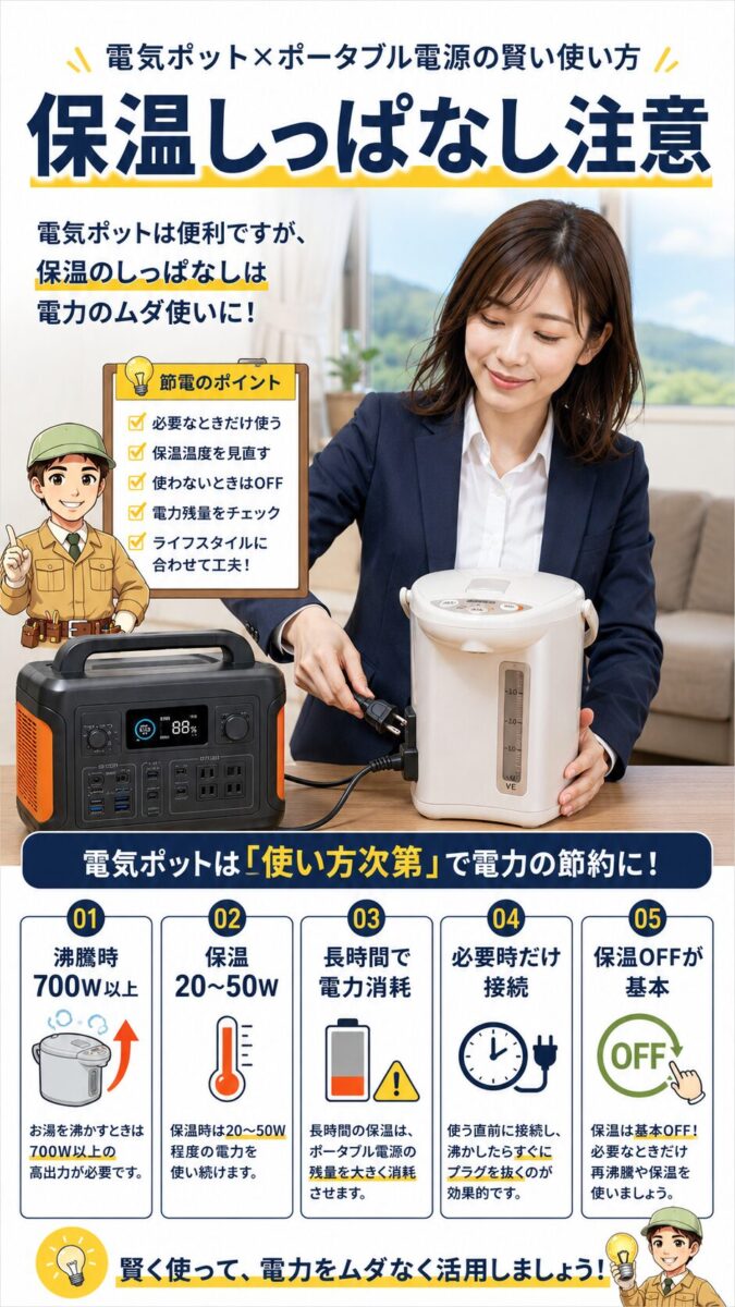 ポータブル電源で電気ポットを使う際に保温消費電力へ注意する画像