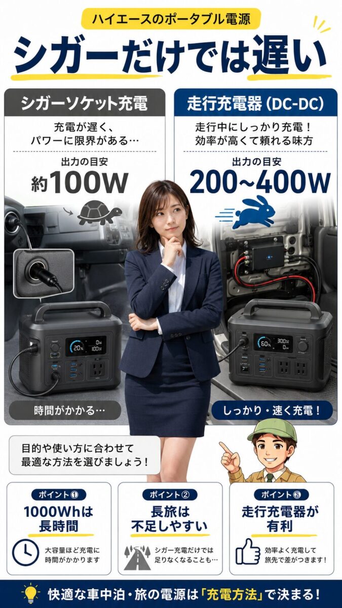 シガーソケット充電とDC-DC走行充電器の充電速度の違いを比較する画像