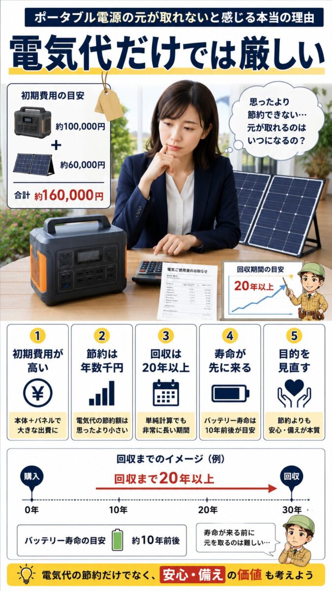 ポータブル電源とソーラーパネルの元が取れない理由を初期費用と回収期間で示す画像