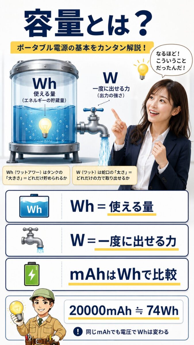 ポータブル電源の容量Whと出力Wの違いをわかりやすく説明した画像