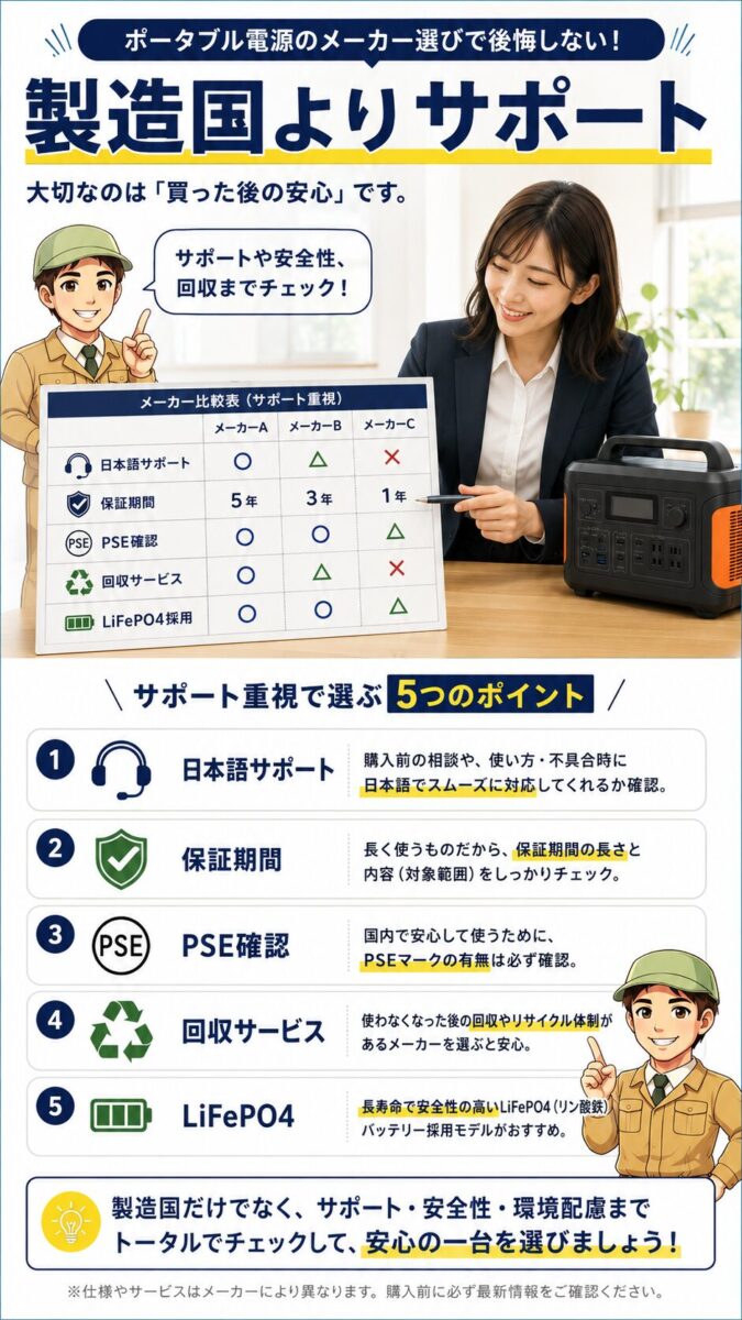 ポータブル電源メーカー選びで製造国よりサポートや保証を確認する画像