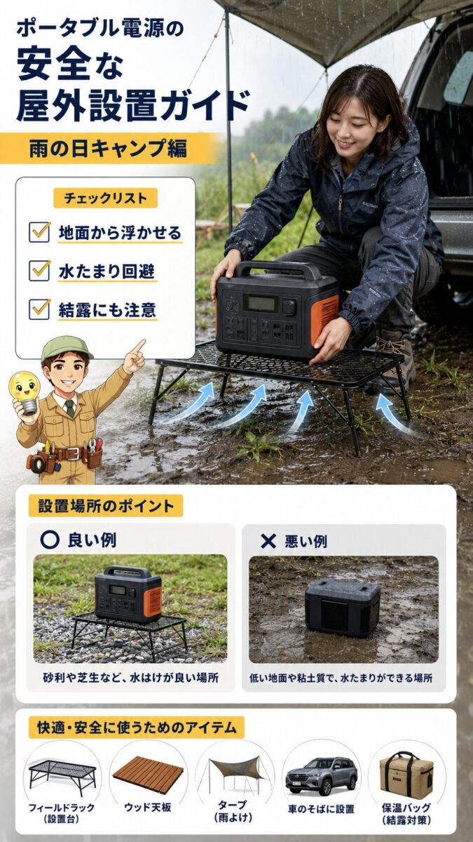 雨天時のキャンプでポータブル電源を地面から浮かせ、水たまりや泥跳ね、結露を避けて設置する方法を示した縦長インフォグラフィック