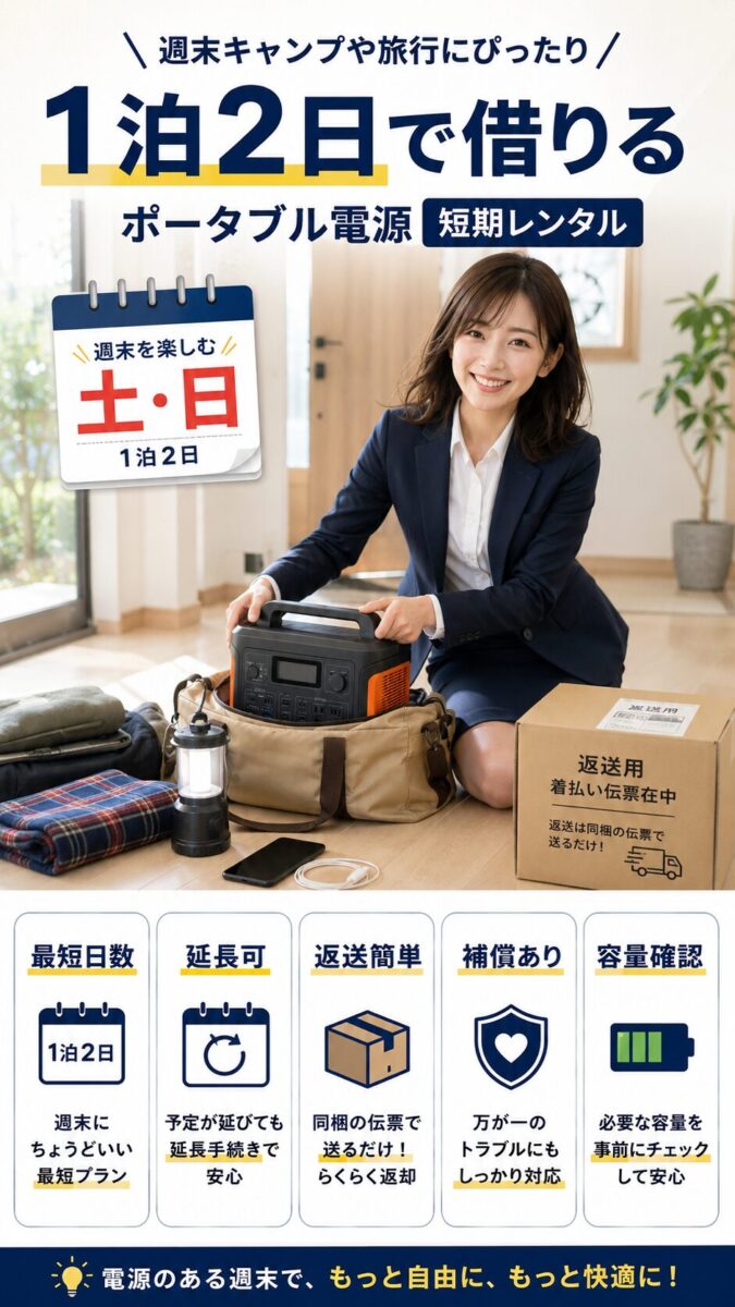 1泊2日の短期利用でポータブル電源をレンタルするチェック項目を示した画像