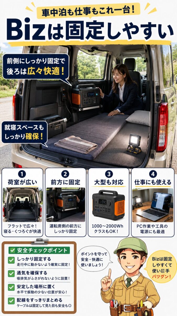 フリードBizの広い荷室にポータブル電源を固定する車中泊レイアウト画像