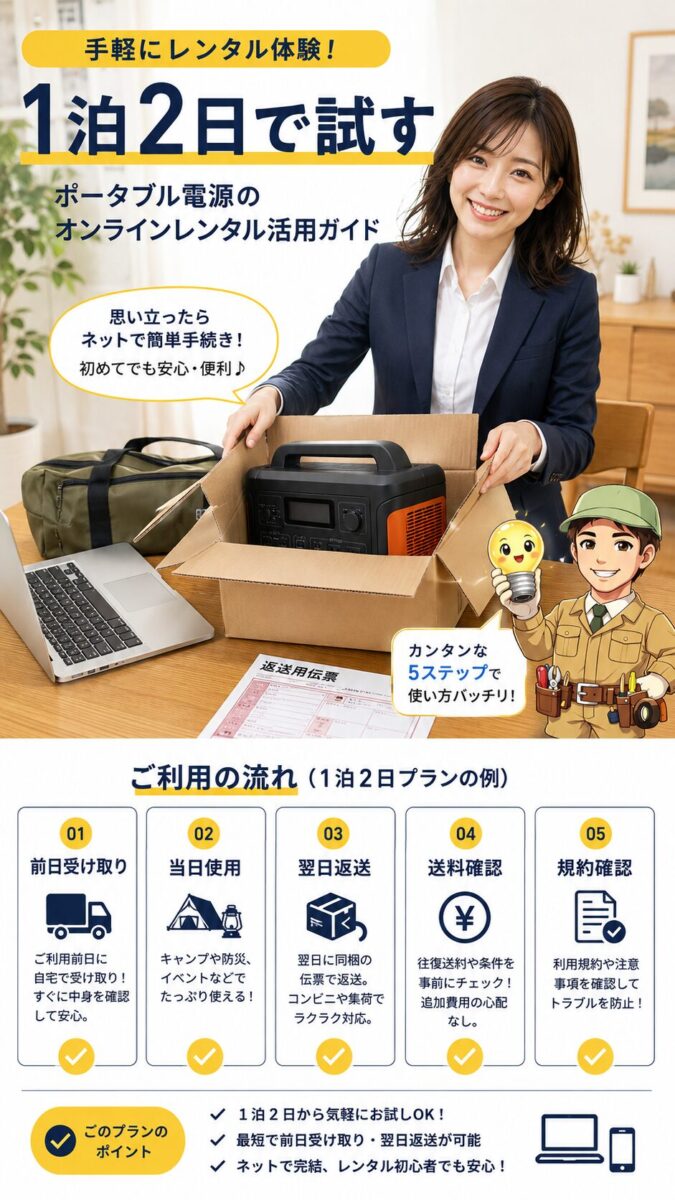 ポータブル電源を1泊2日のオンラインレンタルで試す流れを示す画像
