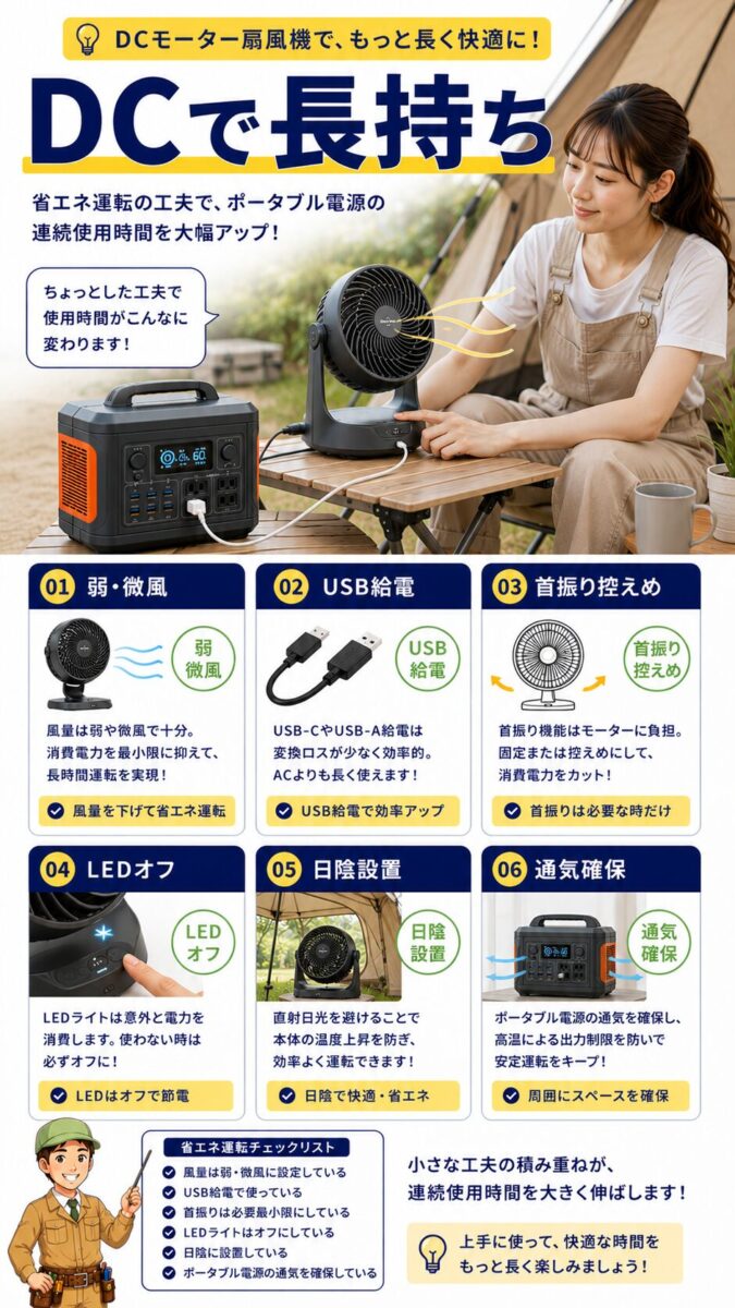 DCモーター扇風機でポータブル電源の連続使用時間を延ばすコツを示す画像