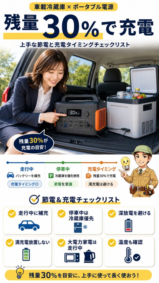 車中泊で冷蔵庫を動かしながらポータブル電源を節電する充電タイミングの画像