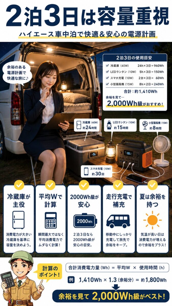 ハイエース車中泊2泊3日に必要なポータブル電源容量を冷蔵庫や照明と一緒に示す画像