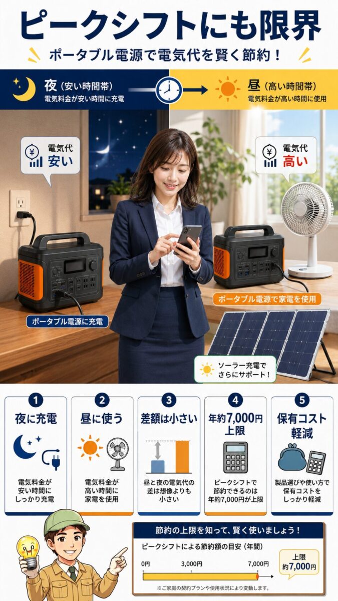 ピークシフトでポータブル電源を活用する方法と節約額の限界を示す画像