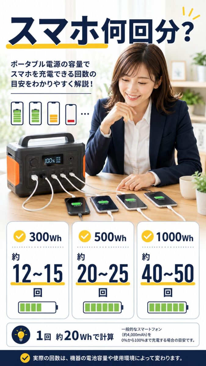 ポータブル電源でスマホを何回充電できるか容量別に示した画像
