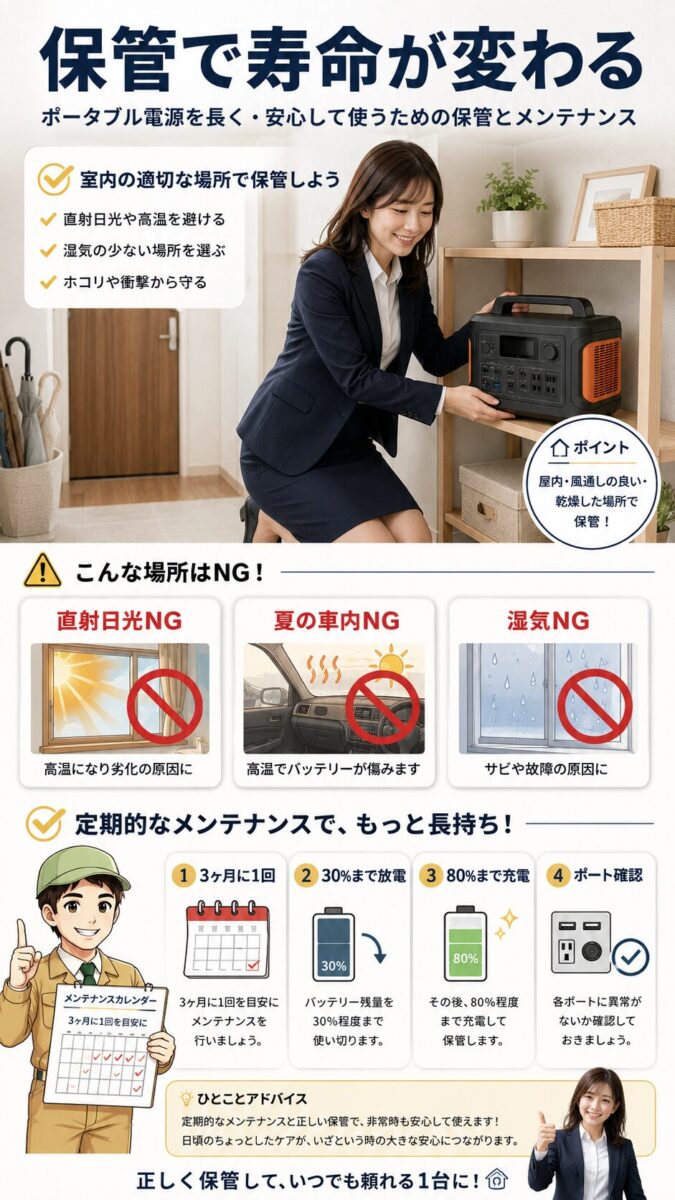ポータブル電源の安全な保管場所と3ヶ月ごとのメンテナンス方法を示す画像