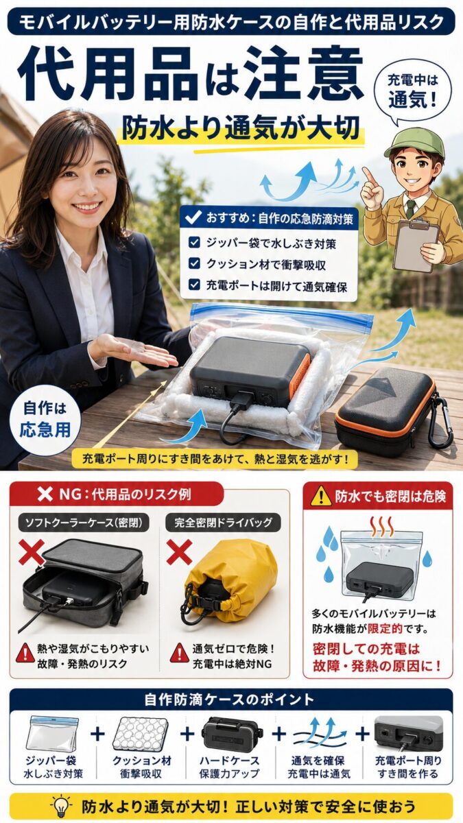 モバイルバッテリー用の自作防水ケースと密閉型代用品の排熱リスクを比較する