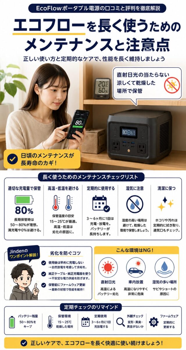 EcoFlowポータブル電源を長持ちさせる保管方法やメンテナンスを説明する画像