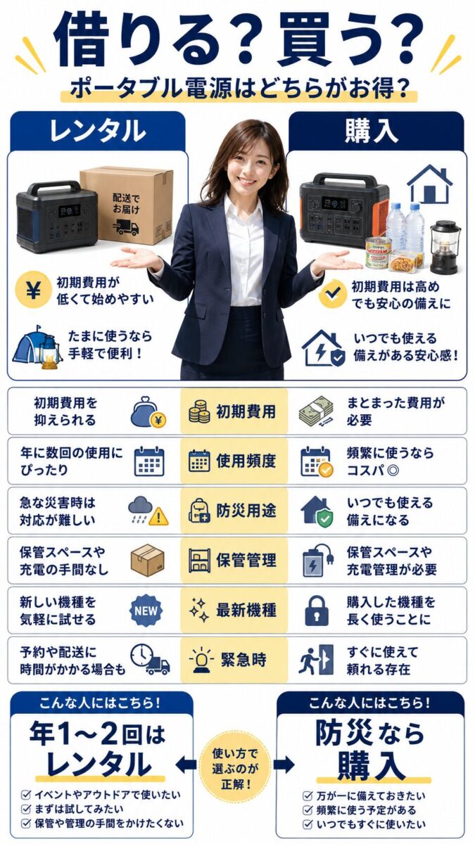 ポータブル電源はレンタルと購入のどちらがお得かを比較した画像
