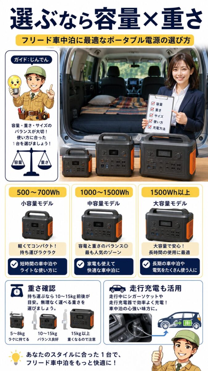 フリード車中泊に最適なポータブル電源を容量と重さで比較する画像