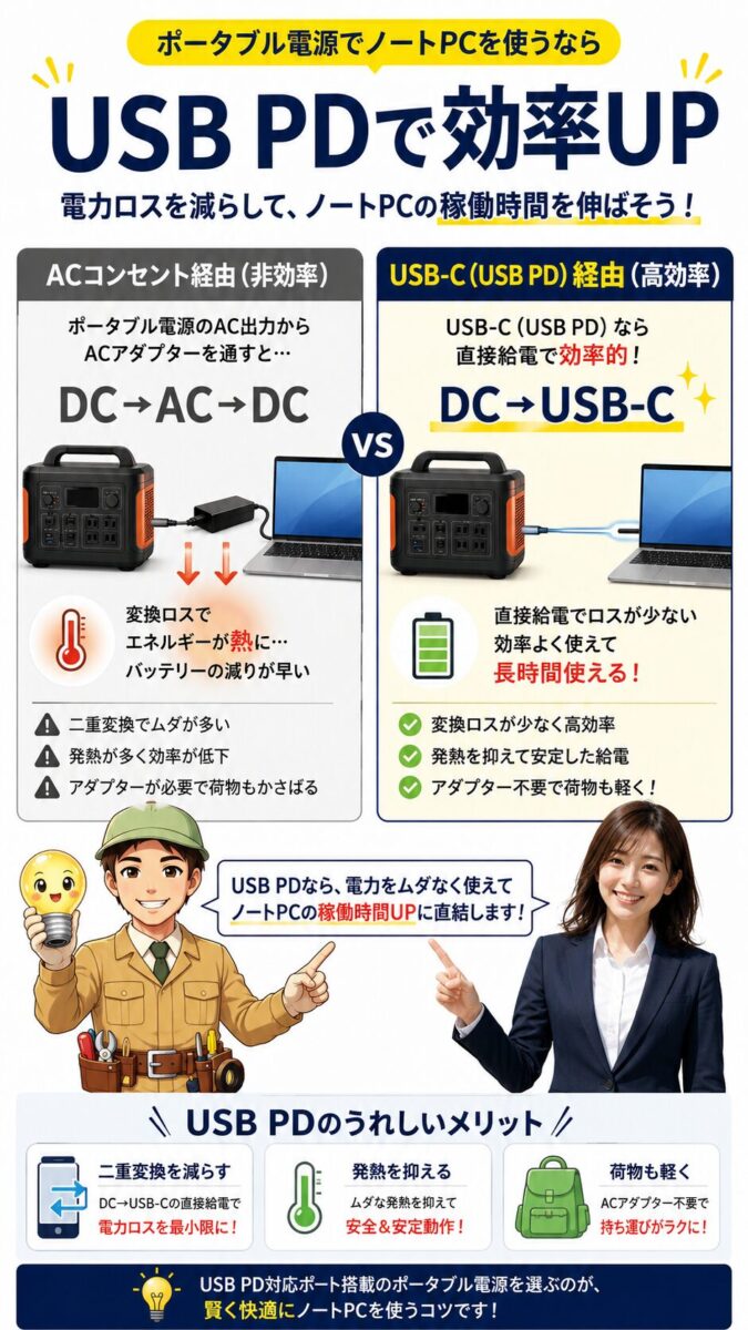 USB PD給電でノートパソコンへの給電効率を高める仕組みを示す画像