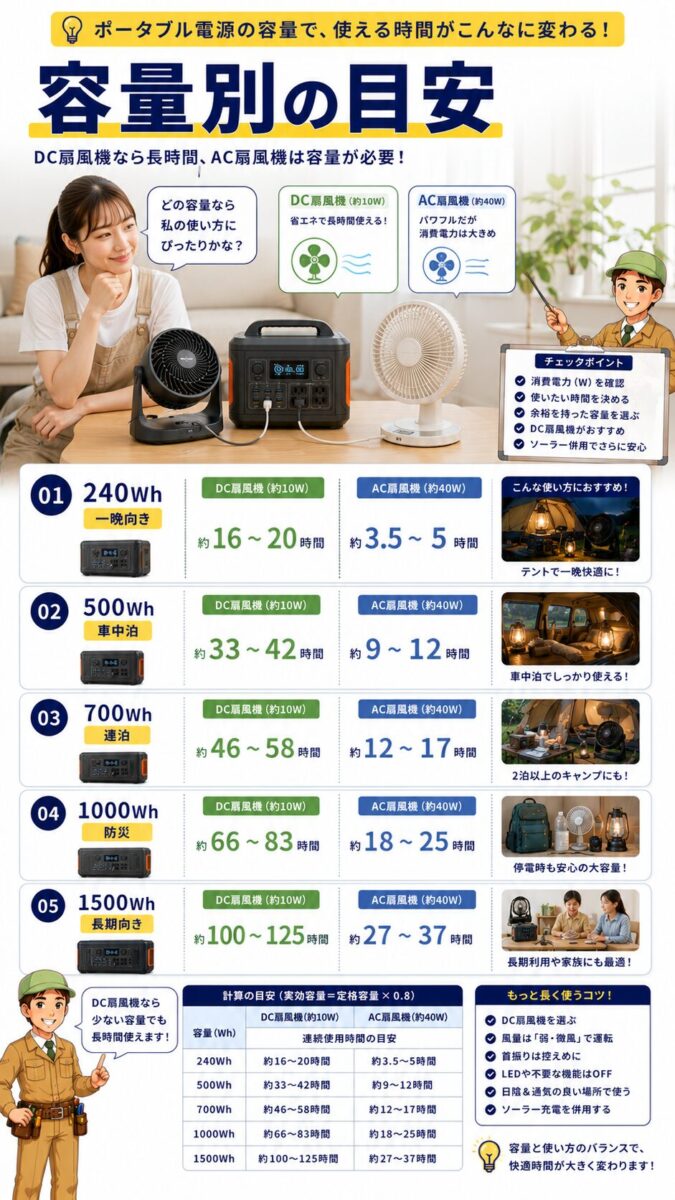 ポータブル電源の容量別に扇風機が何時間使えるかの目安を示す画像