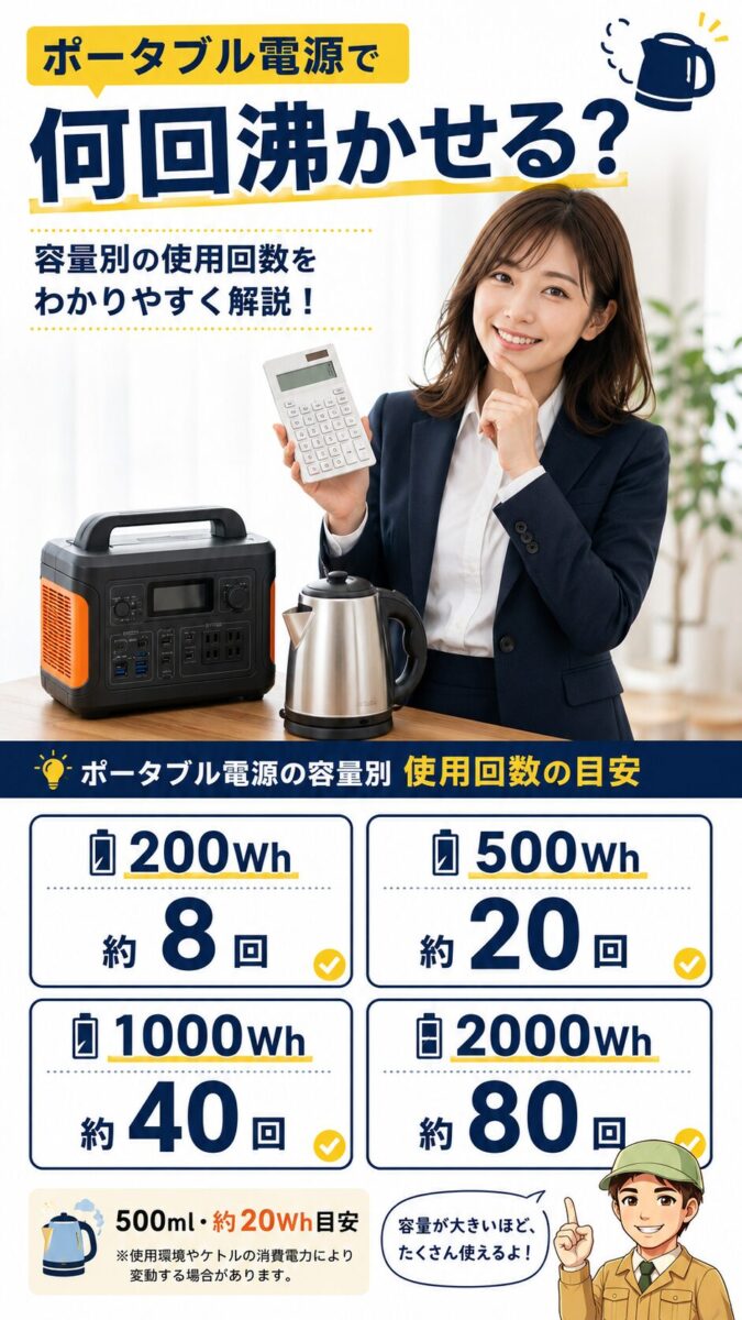 ポータブル電源の容量別に電気ケトルで何回湯沸かしできるかを計算する画像