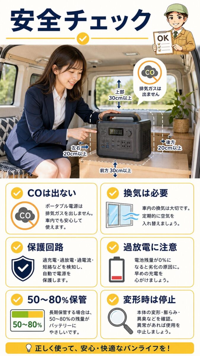 車内でポータブル電源を安全に使うための換気や保管残量や外装確認を示すチェックリスト画像