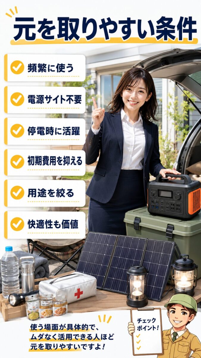 ソーラーパネルとポータブル電源で実質的に元を取りやすくなる条件を示す画像
