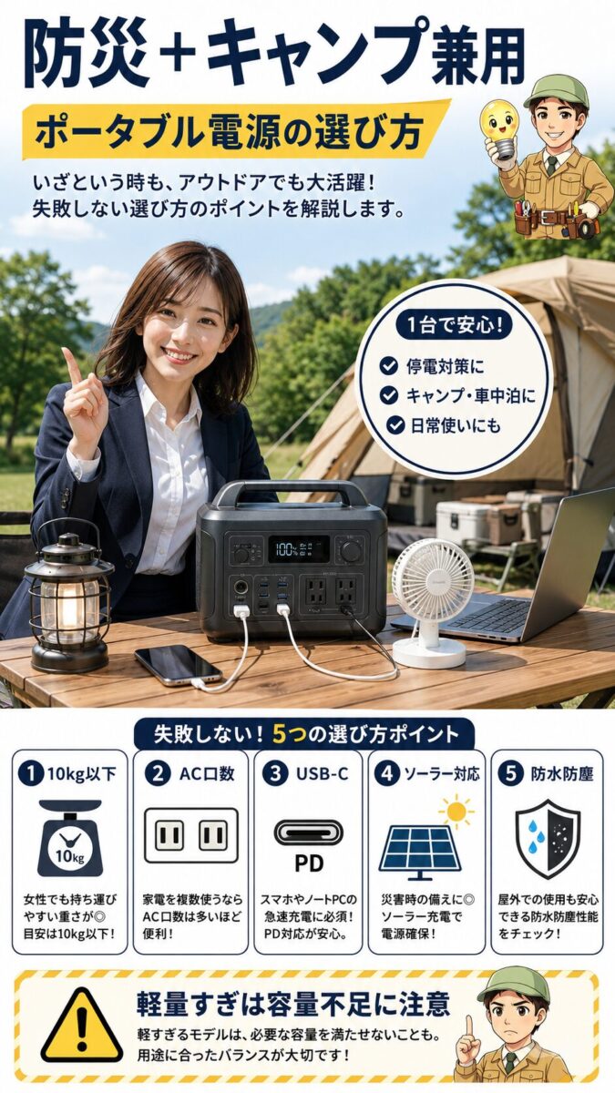 防災とキャンプ兼用で使えるポータブル電源の選び方を示した画像