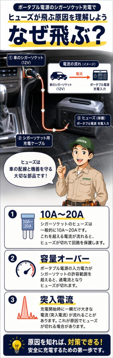 シガーソケット充電でヒューズが切れる仕組みを説明した縦長図解