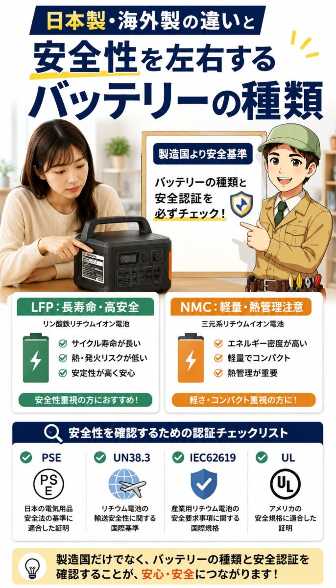 ポータブル電源のLFPとNMCの違いと安全認証を比較する画像