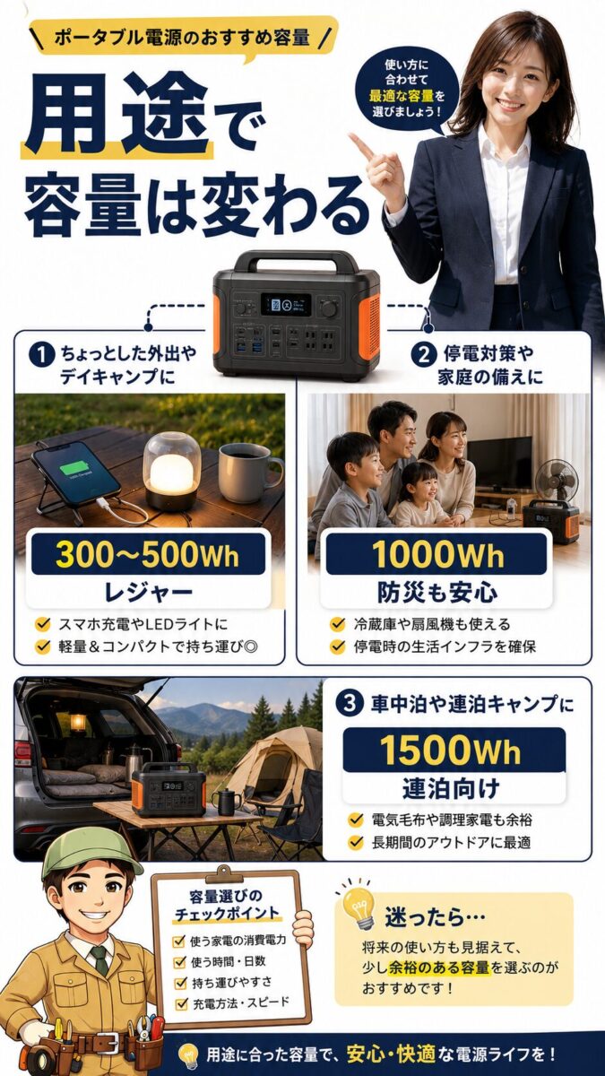 ポータブル電源のおすすめ容量を用途別に比較した画像