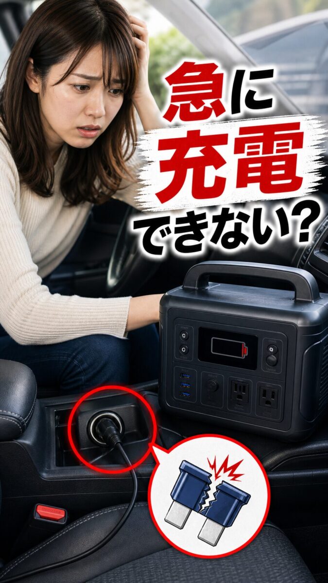 ポータブル電源がシガーソケットから急に充電できない状況を示した画像