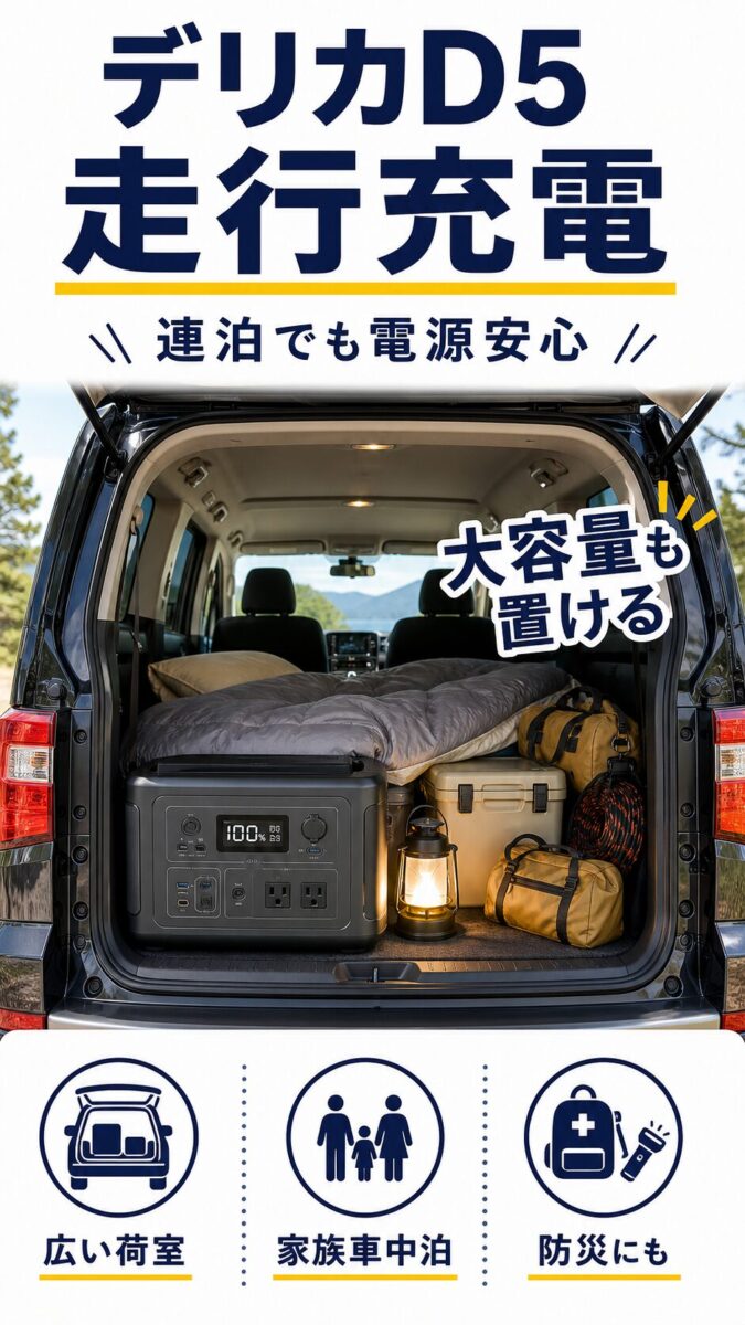 デリカD5の荷室に大容量ポータブル電源を置いた画像