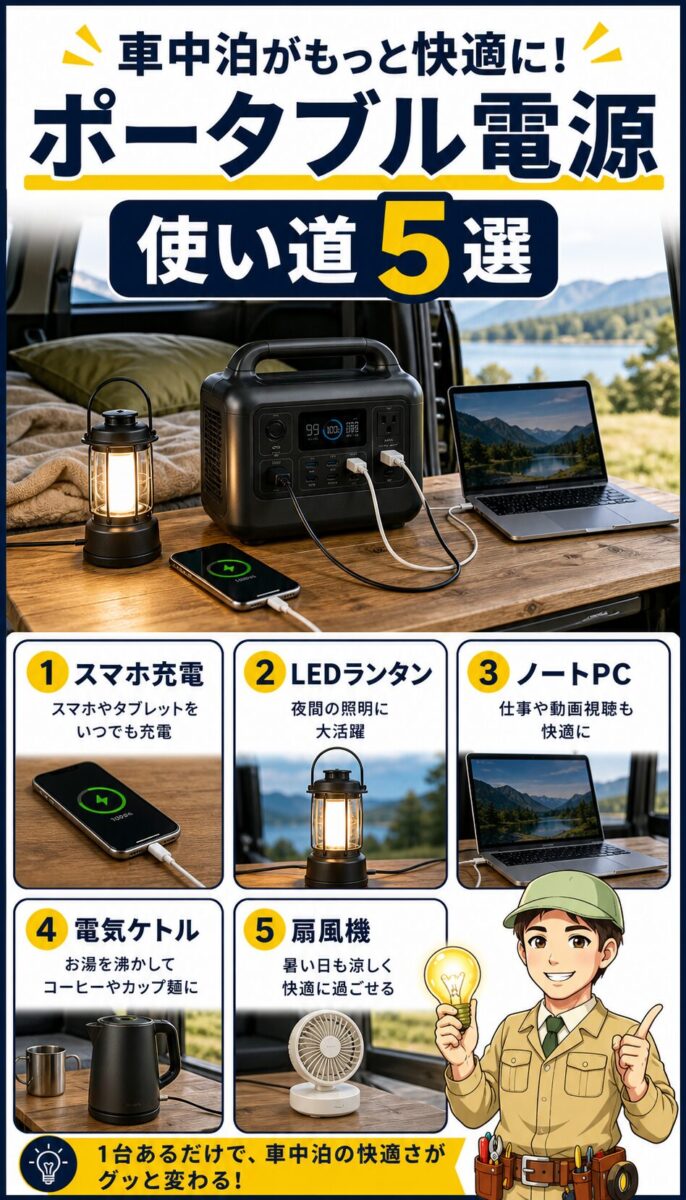 車中泊でポータブル電源に使える代表的な家電をまとめた画像