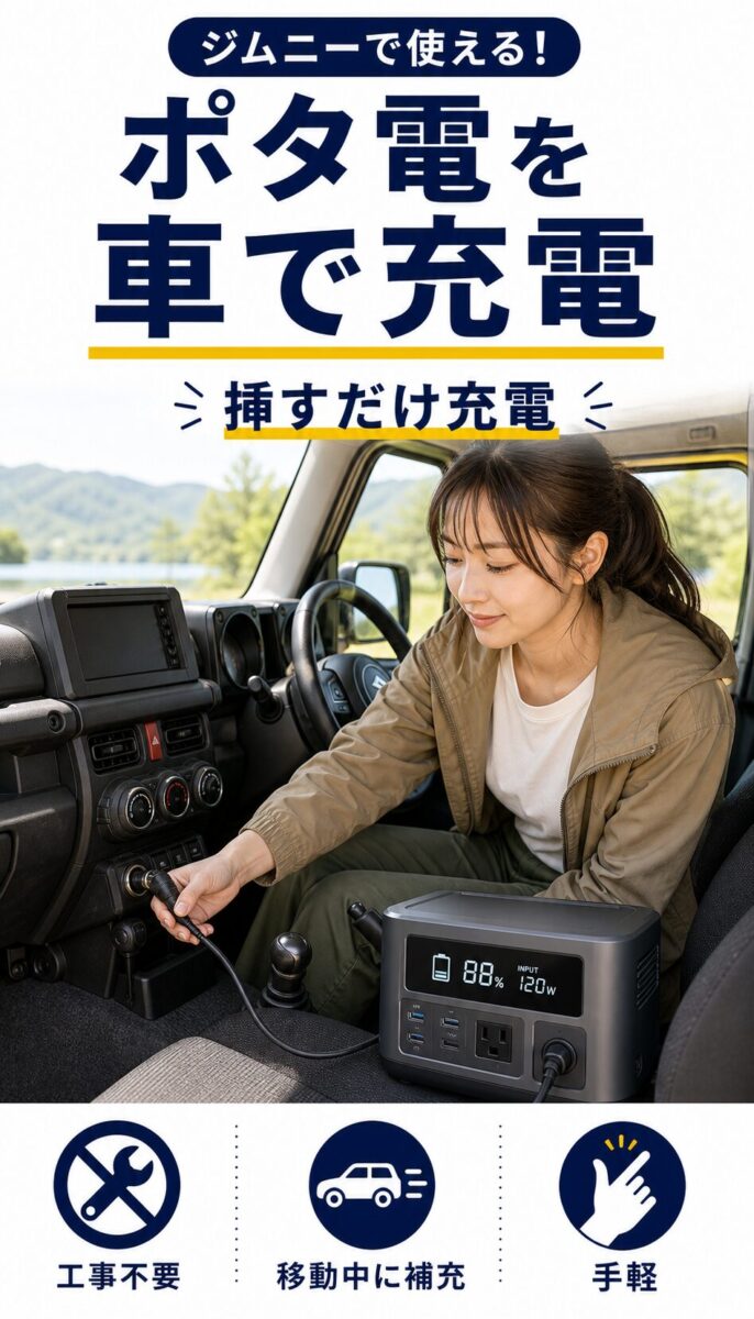 ポタ子がジムニー車内でシガーソケット充電を確認する画像