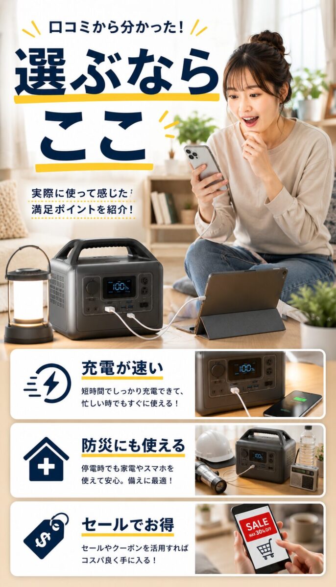 購入者の声からAnker系ポータブル電源のおすすめポイントを説明した画像