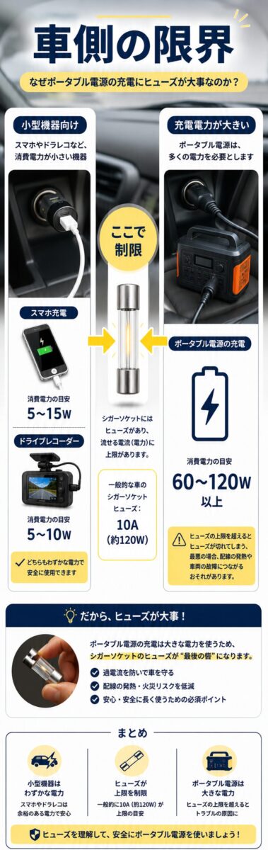 車のシガーソケットとポータブル電源の充電電力の違いを比較した画像