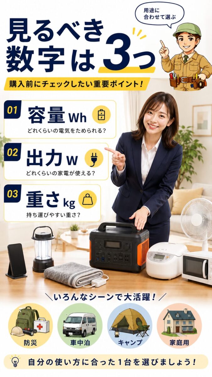 ポータブル電源の容量Wh・出力W・重さkgを用途別に確認する画像