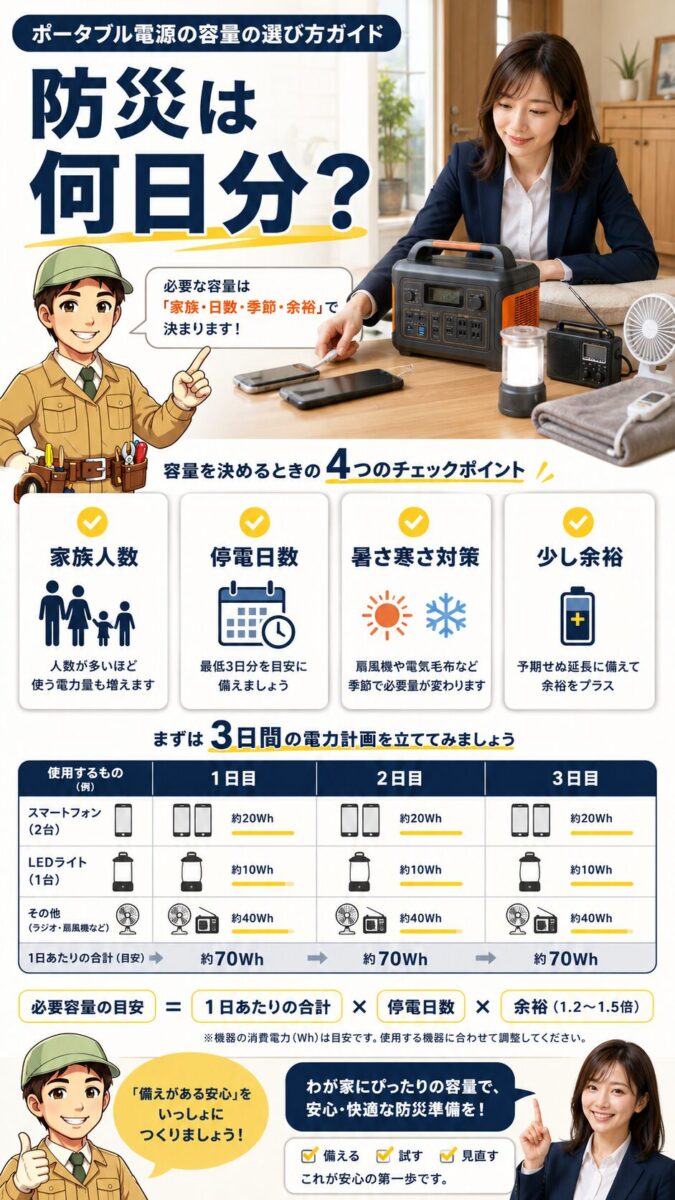 防災用ポータブル電源の容量目安を家族人数や停電日数で考える画像