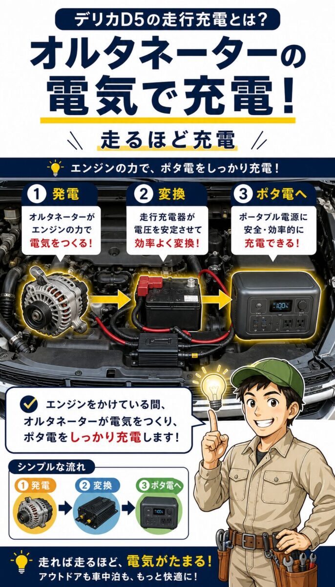 オルタネーターからポータブル電源へ充電する仕組みの図解画像