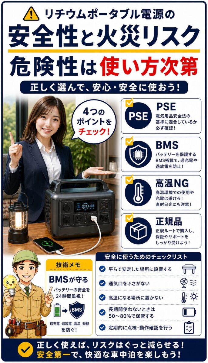 ポータブル電源の危険性とPSE・BMSなどの安全機能を説明した画像