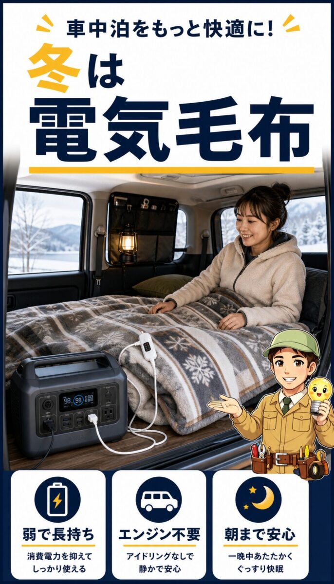 冬の車中泊でポータブル電源と電気毛布を使う様子の画像