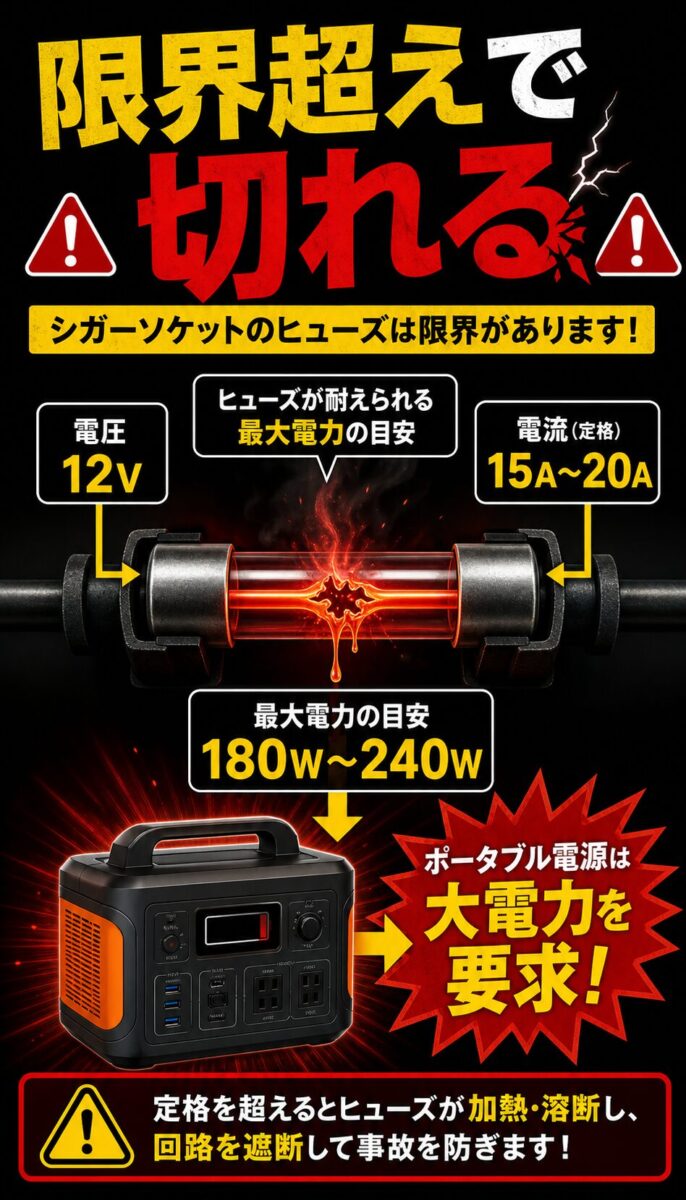 過電流でヒューズが発熱して切れる仕組みを説明した図解画像