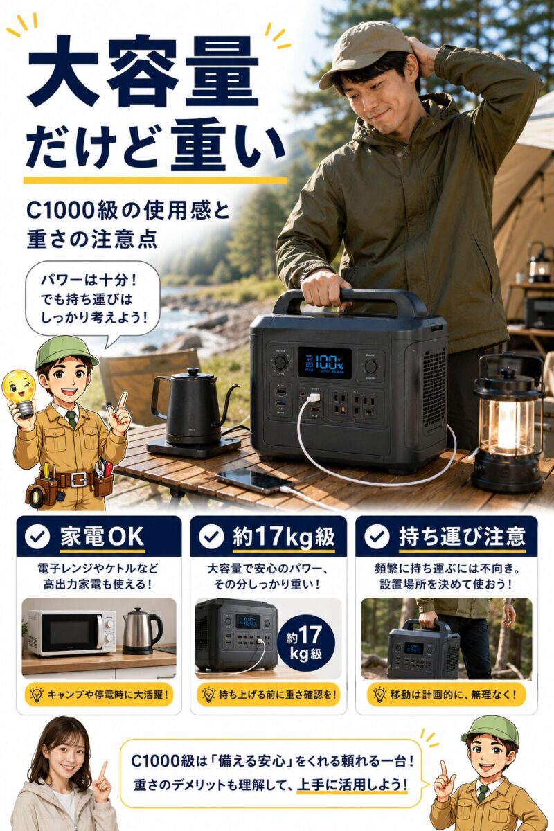 大容量ポータブル電源C1000級の使用感と重さの注意点を説明した画像