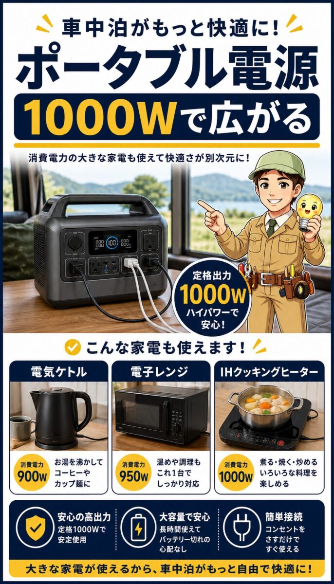 1000W出力のポータブル電源で使える家電を説明した画像