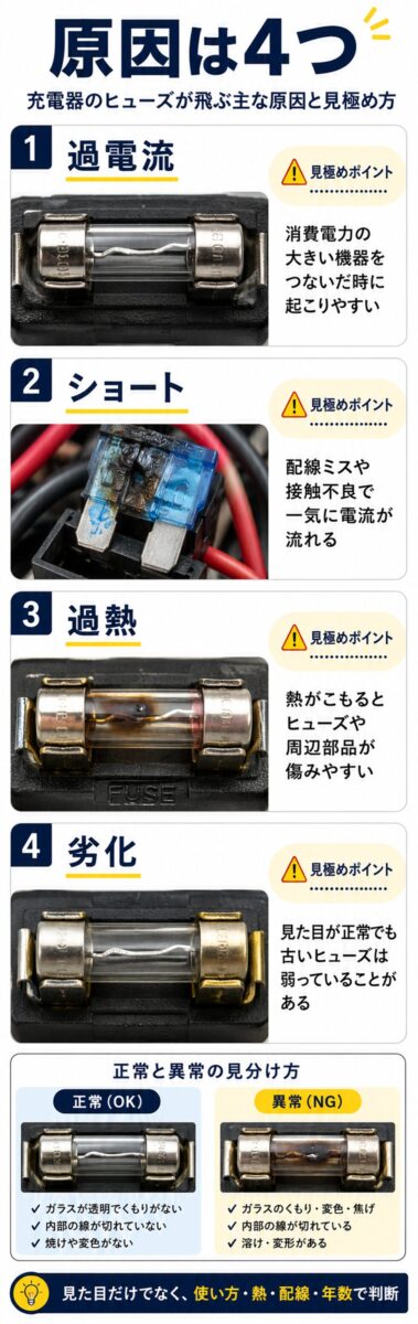 充電器のヒューズが飛ぶ4つの原因を見分ける図解
