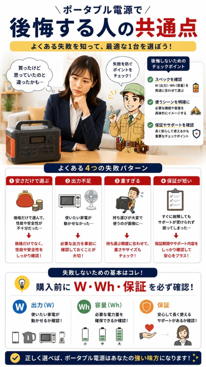 ポータブル電源で後悔しやすい失敗例と対策を示す画像
