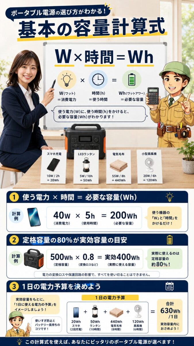 消費電力Wと使用時間から必要なWhを計算する方法を示した画像