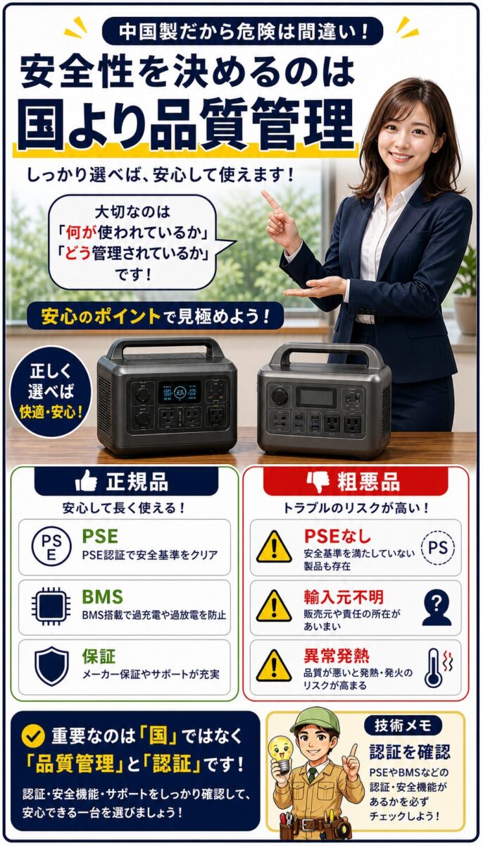 中国製ポータブル電源の安全性は品質管理と認証で決まることを示した画像