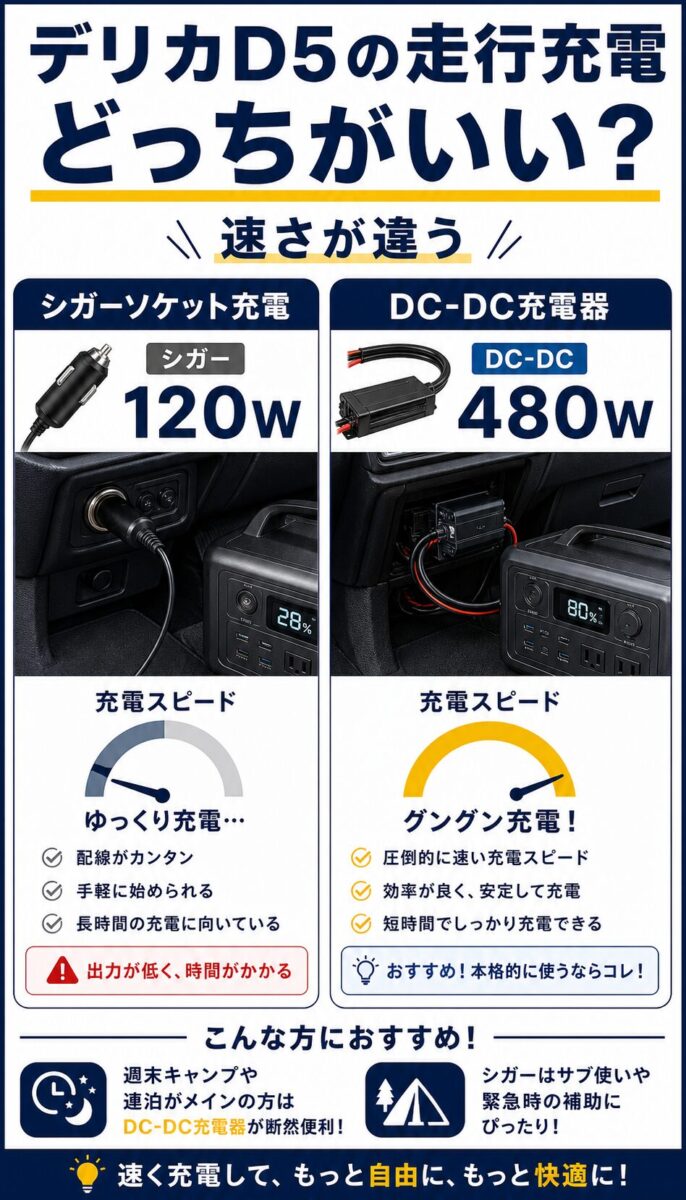 シガーソケット充電とDC-DCチャージャーの違いを比較した画像