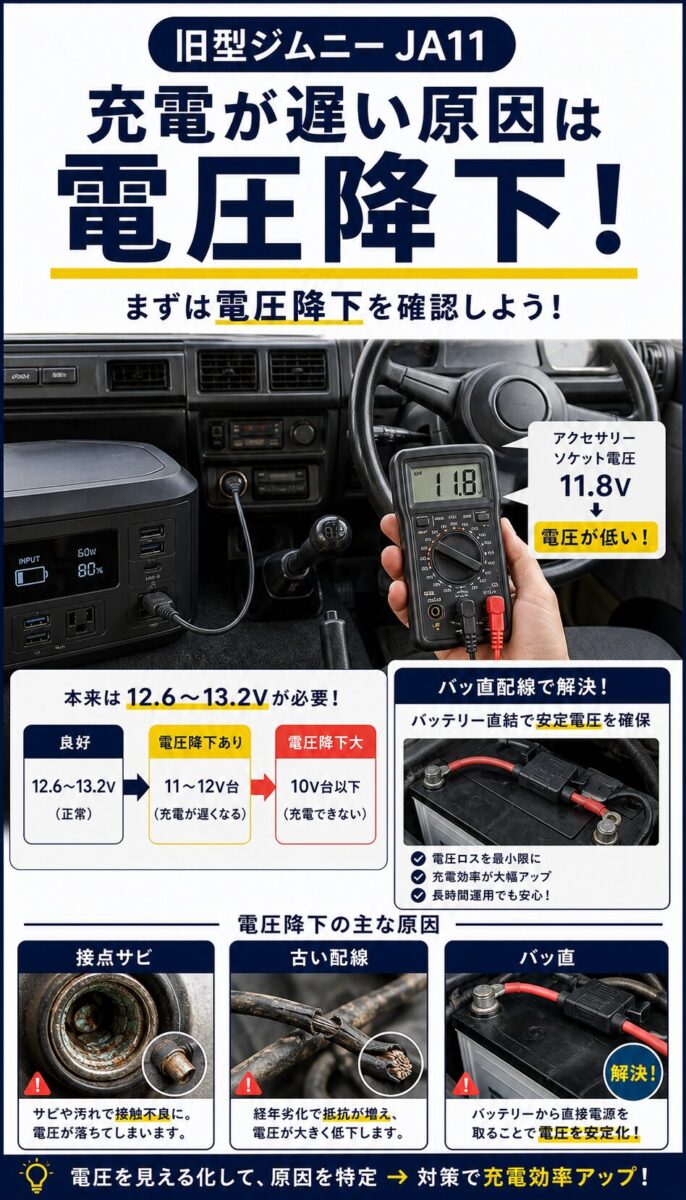 旧型ジムニーの電圧降下と配線チェックを示す画像