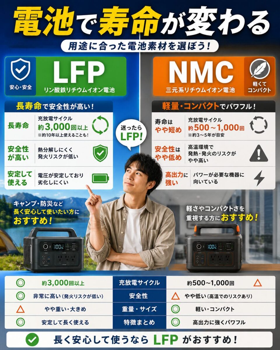 ポータブル電源のLFPリン酸鉄リチウム電池とNMC三元系リチウム電池の違いを比較した図解
